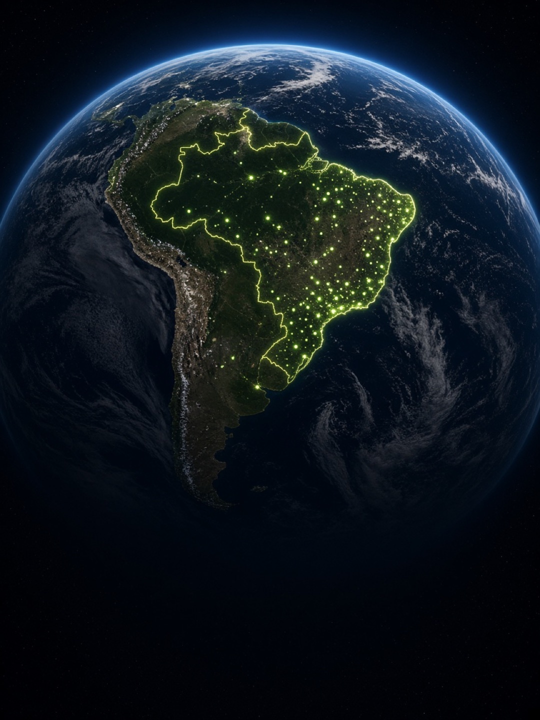 Planeta Terra visto do espaço com o contorno do Brasil iluminado e pontos de cobertura em todos os estados