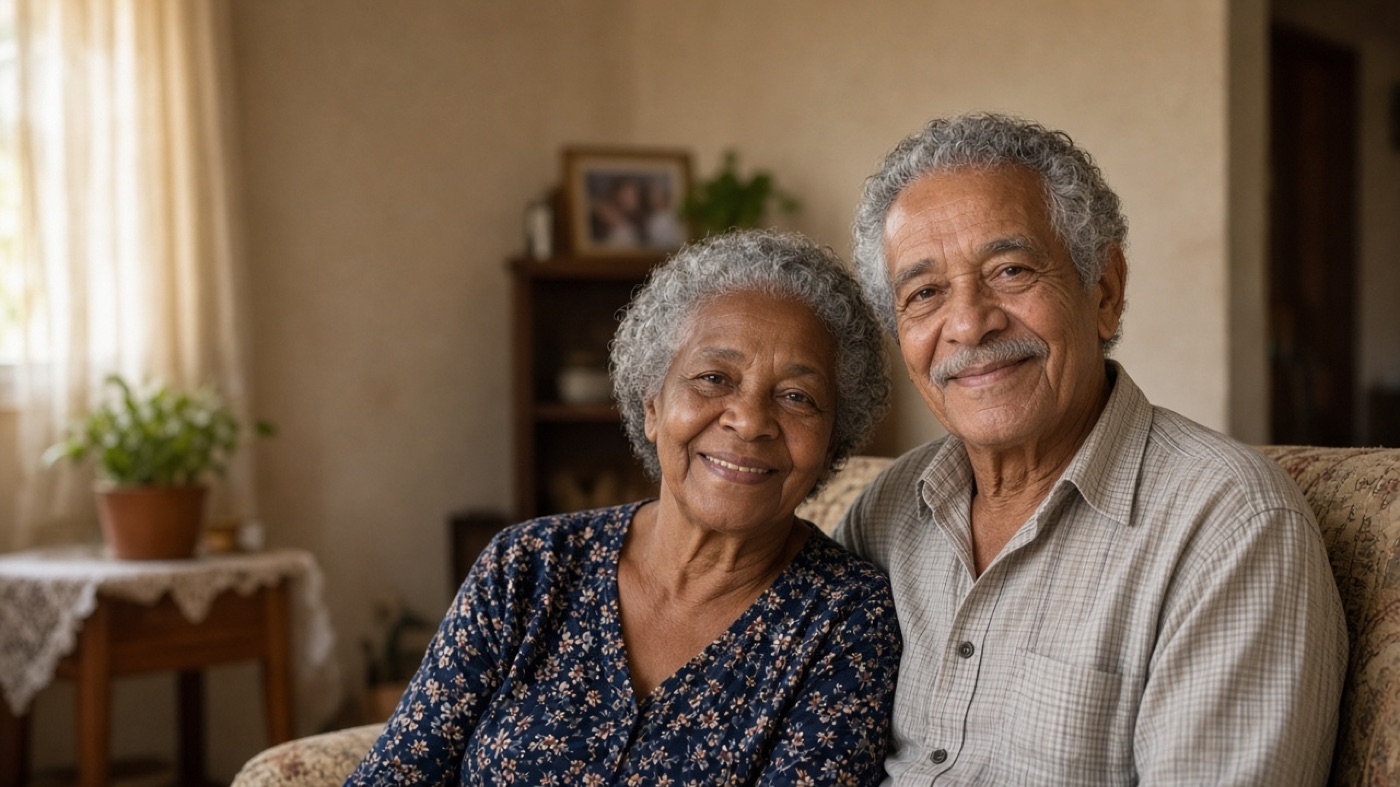 Casal de idosos brasileiros sorrindo no sofá, em foto horizontal de um momento acolhedor