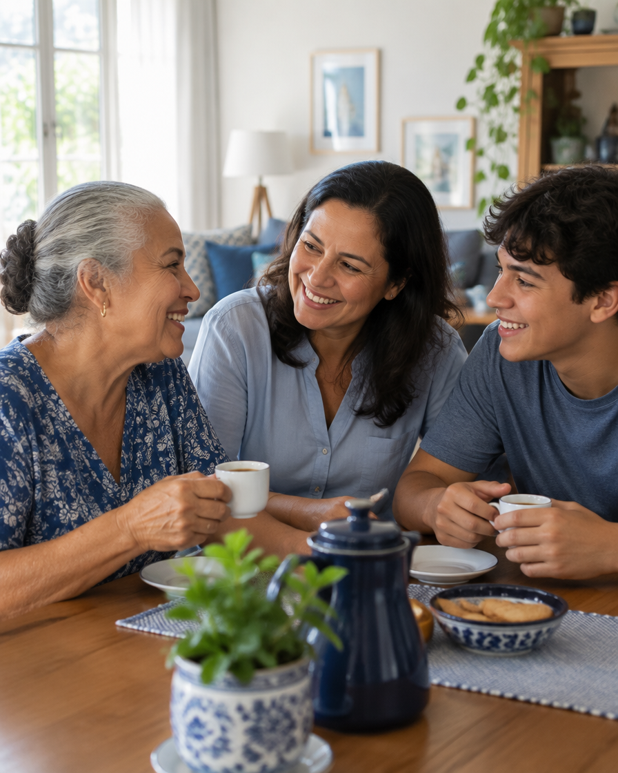 Avó, filha e neto brasileiros conversando e sorrindo à mesa com café