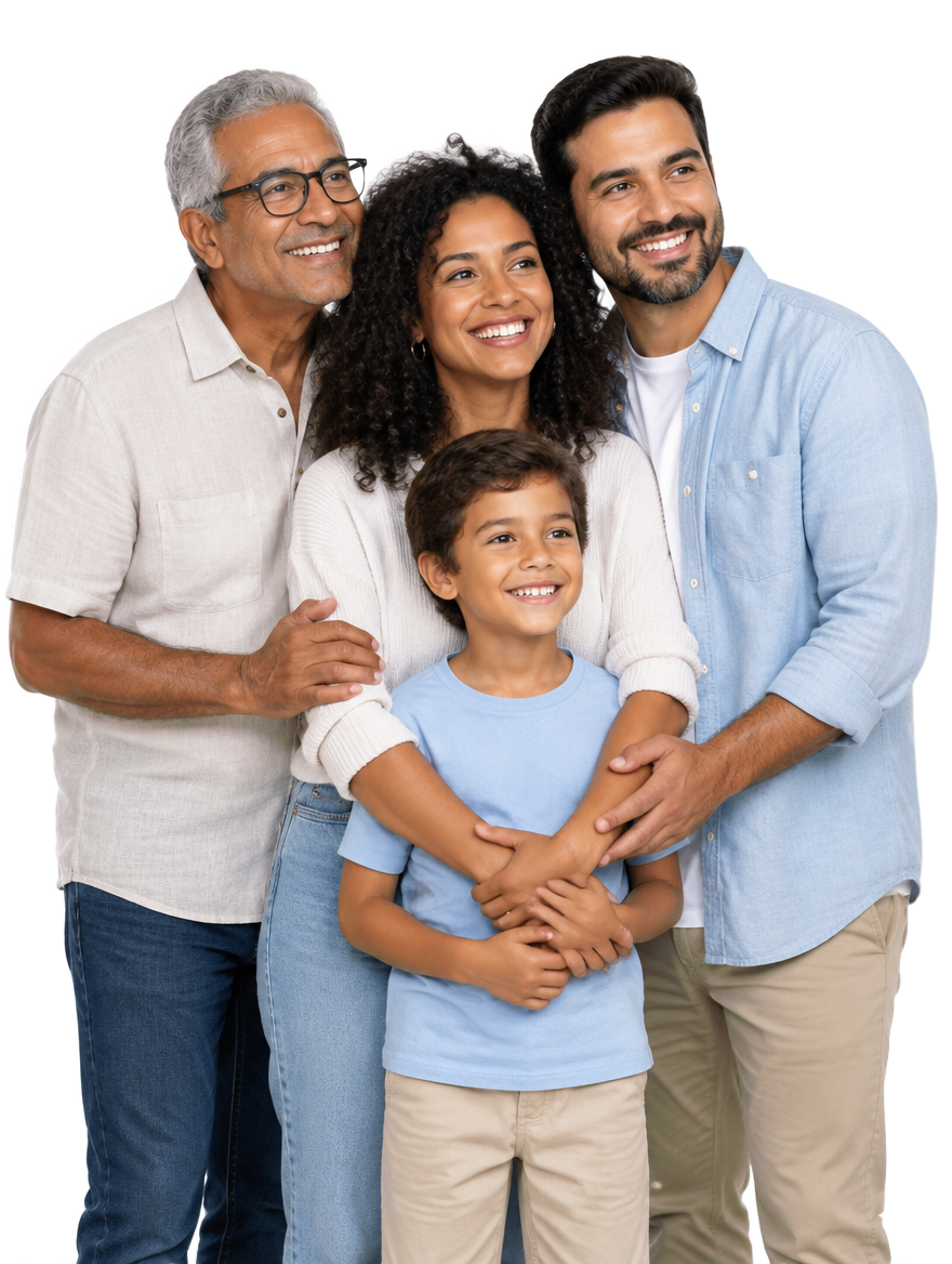 Família brasileira de três gerações abraçada e sorrindo